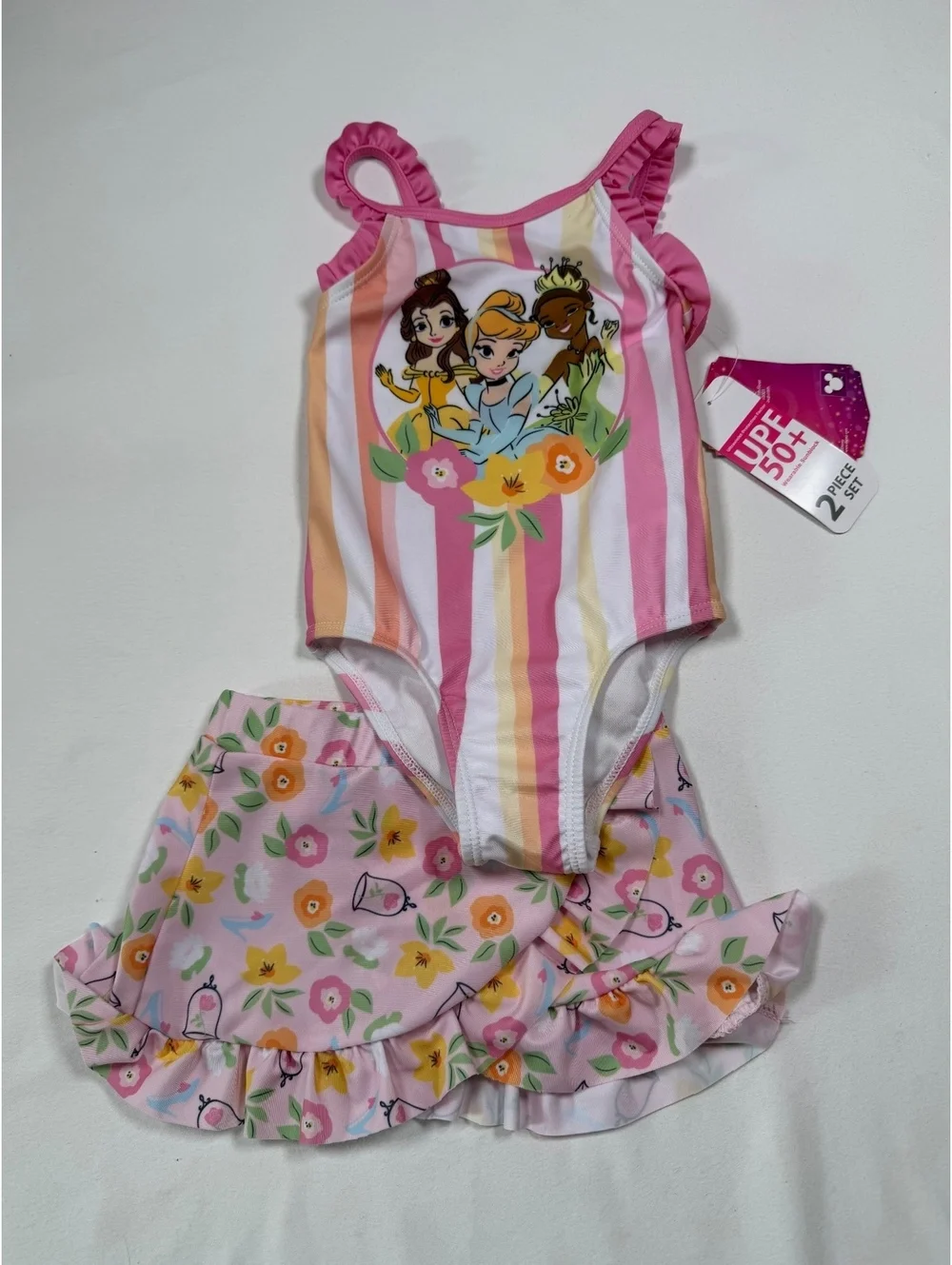 Disney Princess Toddler 2-Piece Swimsuit Set with Skirt, 18M, Pink and Yellow